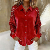 Women Velvet Patchwork Sequin Turndown Collar Long-Sleeved Shirt