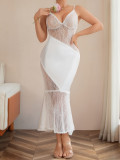 Women Spring Black and White Lace Patchwork Mermaid Halter Neck Maxi Dress