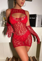 Women Hollow-Out Leopard Print See-Through Sexy Bodycon with Gloves Two-Piece Sexy Lingerie