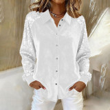 Women Velvet Patchwork Sequin Turndown Collar Long-Sleeved Shirt
