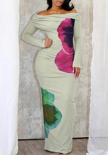 Women Off-Shoulder Long-Sleeved Printed Maxi Dress
