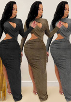Women Solid Round Neck Long-Sleeve Hollow-Out Slit Maxi Dress