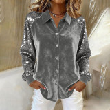 Women Velvet Patchwork Sequin Turndown Collar Long-Sleeved Shirt