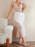 Women Spring Black and White Lace Patchwork Mermaid Halter Neck Maxi Dress