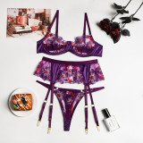 Women Blue Floral Embroidered Mesh Patchwork Camisole See-Through Three-Piece Sexy Lingerie