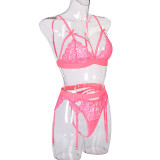 Women Lace Patchwork Bow Cross Garter Sexy Lingerie Three-Piece