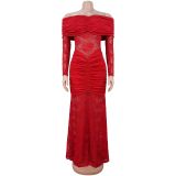 Women's Fashion Sexy Off-Shoulder See Through Lace Evening Dress