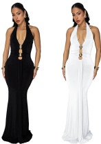 Women's Fashion Sexy Low Back Halter Deep V Solid Color Dress