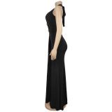 Women's Fashion Sexy Low Back Halter Deep V Solid Color Dress