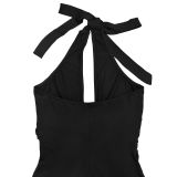 Women's Fashion Sexy Low Back Halter Deep V Solid Color Dress