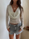Spring Summer Fashion Plunge Neck Sequin Long Sleeve Top