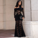 Women's Fashion Sexy Off-Shoulder See Through Lace Evening Dress