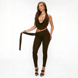 Women's Winter Solid Color Sexy Halter Top Lace-Up Tight-Fitting Pants Set