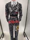 Women's Fashion Print Leopard Hooded Casual Bell Bottom Pants Set