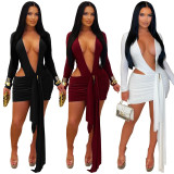 Women's Fashion Sexy Deep V Solid Color Ribbon Mini Dress