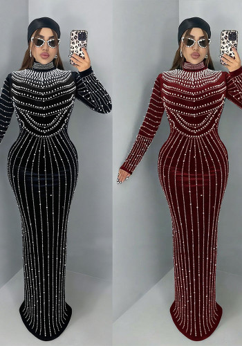 Women's Fashion Chic Elegant Velvet Beaded Long Sleeve Dress