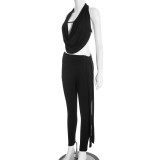 Women's Winter Solid Color Sexy Halter Top Lace-Up Tight-Fitting Pants Set