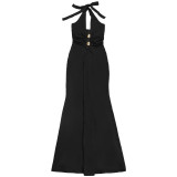 Women's Fashion Sexy Low Back Halter Deep V Solid Color Dress