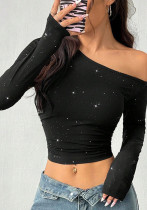 Spring Women's Beaded Slash Shoulder Long Sleeve Knitted Slim Fit Top