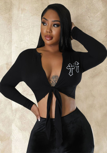 Spring Women's Cross Print Sexy Lace-Up T-Shirt Top