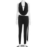Women's Winter Solid Color Sexy Halter Top Lace-Up Tight-Fitting Pants Set