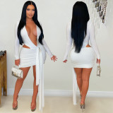 Women's Fashion Sexy Deep V Solid Color Ribbon Mini Dress