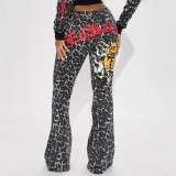 Women's Fashion Print Leopard Hooded Casual Bell Bottom Pants Set