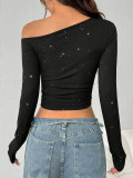 Spring Women's Beaded Slash Shoulder Long Sleeve Knitted Slim Fit Top