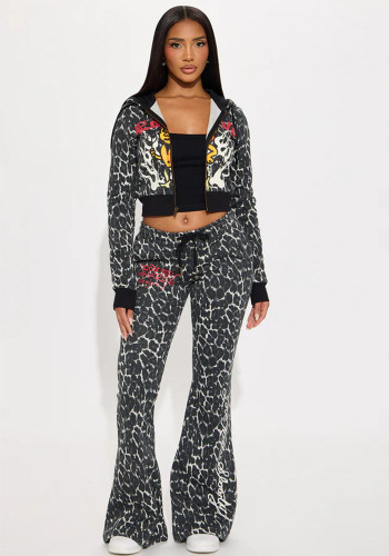 Women's Fashion Print Leopard Hooded Casual Bell Bottom Pants Set