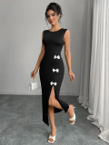 Fall Women's Sleeveless Slim Fit Bow Split Dress