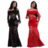 Women's Fashion Sexy Off-Shoulder See Through Lace Evening Dress