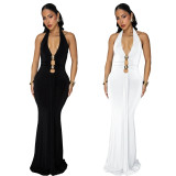 Women's Fashion Sexy Low Back Halter Deep V Solid Color Dress