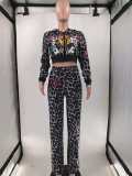 Women's Fashion Print Leopard Hooded Casual Bell Bottom Pants Set