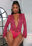 Women's Sexy Deep V Neck Long Sleeve Sequin Bodysuit