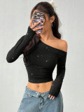 Spring Women's Beaded Slash Shoulder Long Sleeve Knitted Slim Fit Top