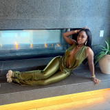 Women's Fashion Sexy Cut-Out Halter Plunge Neck Low Back Jumpsuit