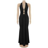 Women's Fashion Sexy Low Back Halter Deep V Solid Color Dress