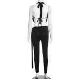 Women's Winter Solid Color Sexy Halter Top Lace-Up Tight-Fitting Pants Set