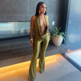Women's Fashion Sexy Cut-Out Halter Plunge Neck Low Back Jumpsuit
