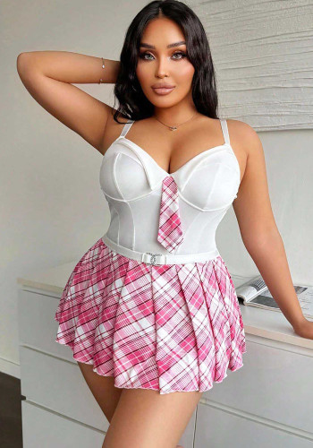 Sexy Plus Size Plaid Skirt Set Role Play Schoolgirl Lingerie