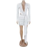 Women's Fashion Sexy Deep V Solid Color Ribbon Mini Dress