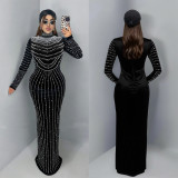 Women's Fashion Chic Elegant Velvet Beaded Long Sleeve Dress