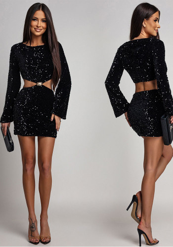 Women's Fashion Chic Sequin Velvet Open Waist Mini Dress
