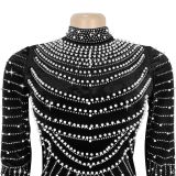 Women's Fashion Chic Elegant Velvet Beaded Long Sleeve Dress