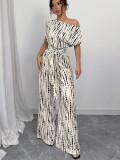Summer Women's Striped Slash Shoulder Tie-Up Wide Leg Jumpsuit