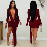 Women's Fashion Sexy Deep V Solid Color Ribbon Mini Dress