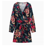 Fall Women's Fashion Printed Deep V Belted Long Sleeve Dress