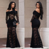 Women's Fashion Sexy Off-Shoulder See Through Lace Evening Dress