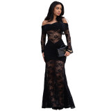 Women's Fashion Sexy Off-Shoulder See Through Lace Evening Dress