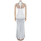 Women's Fashion Sexy Low Back Halter Deep V Solid Color Dress